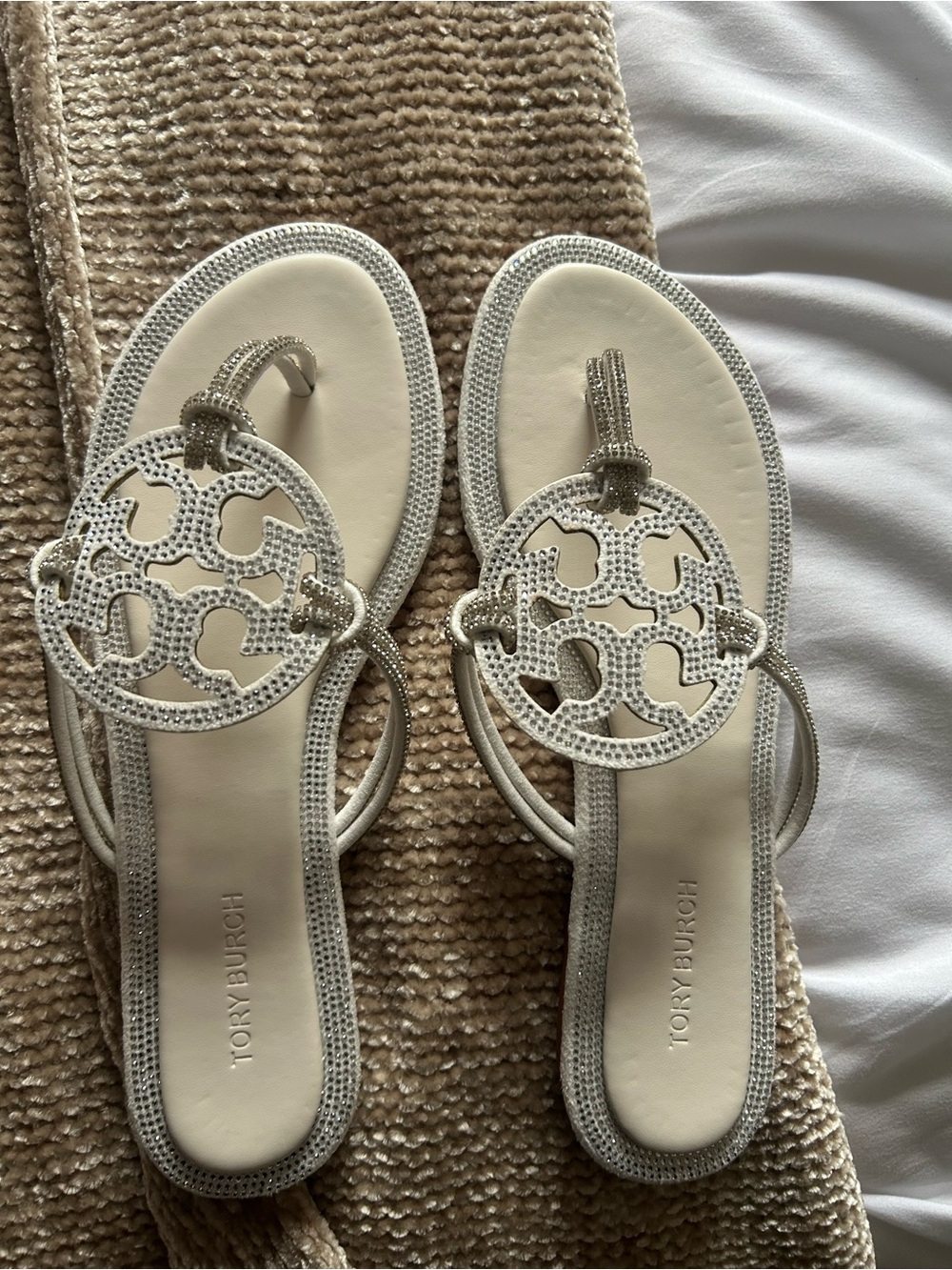 Tory Burch Silver Embellished Logo Thong Sandals